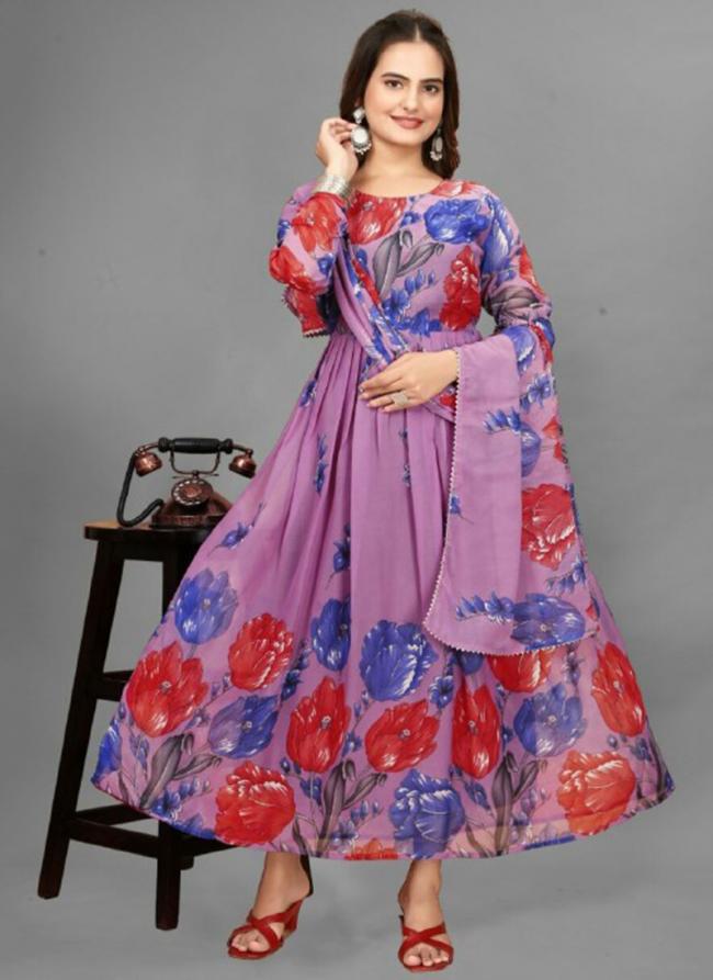 Georgette Pink Traditional Wear Printed Readymade Gown With Dupatta